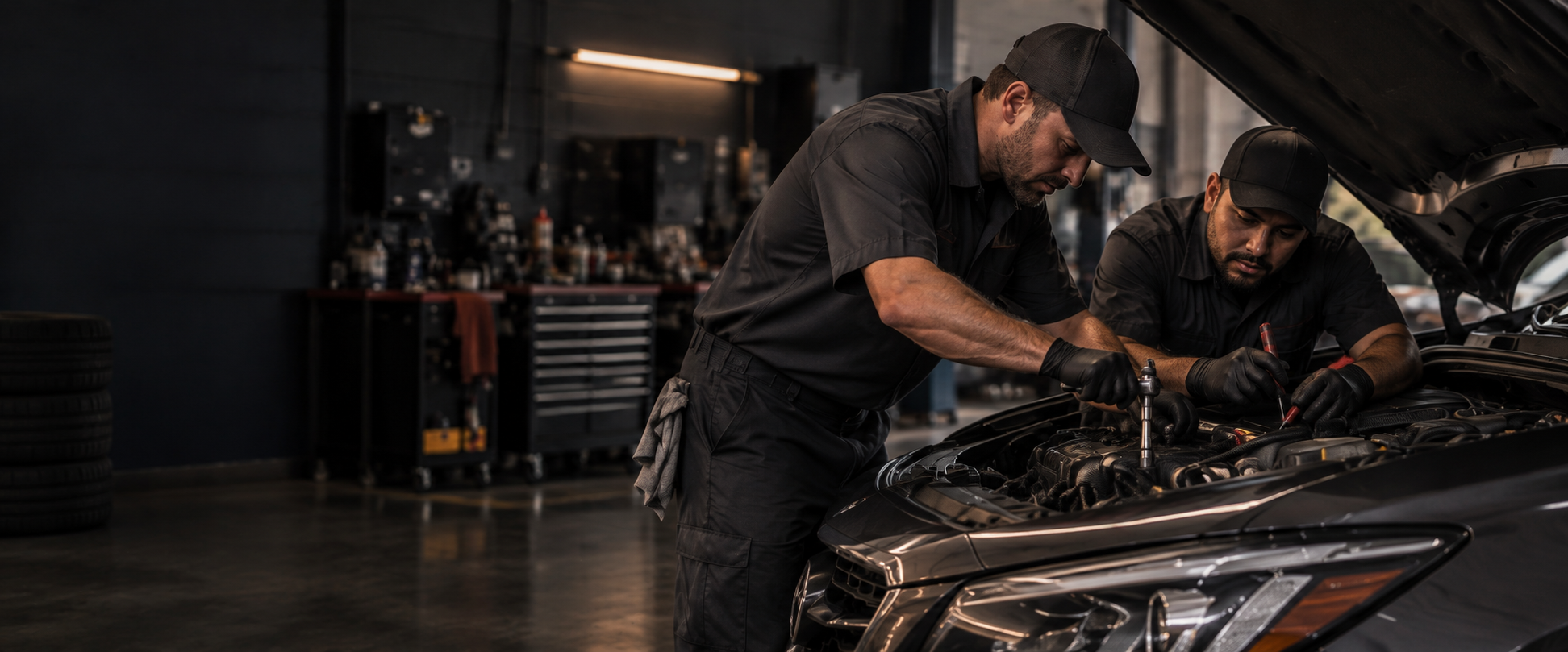 Mechanic inspecting a car in an auto repair workshop